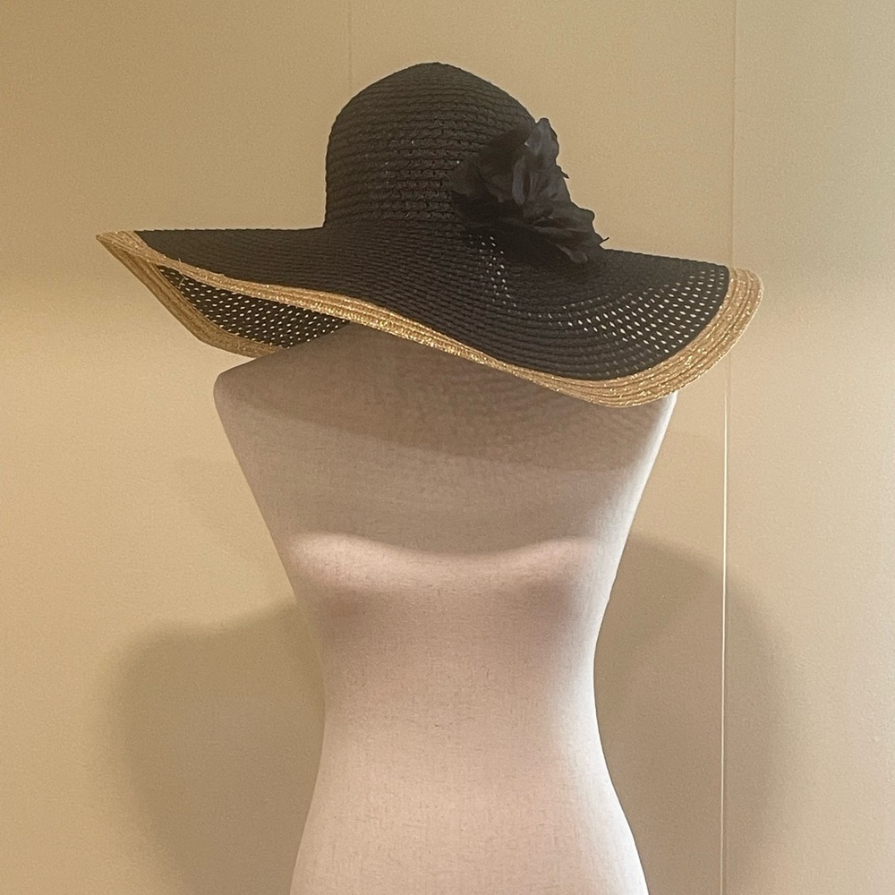 Apt 9 Floppy Straw Beach Sun Hat With Flower Vacation Summer Gold Black One Size - Picture 2 of 8
